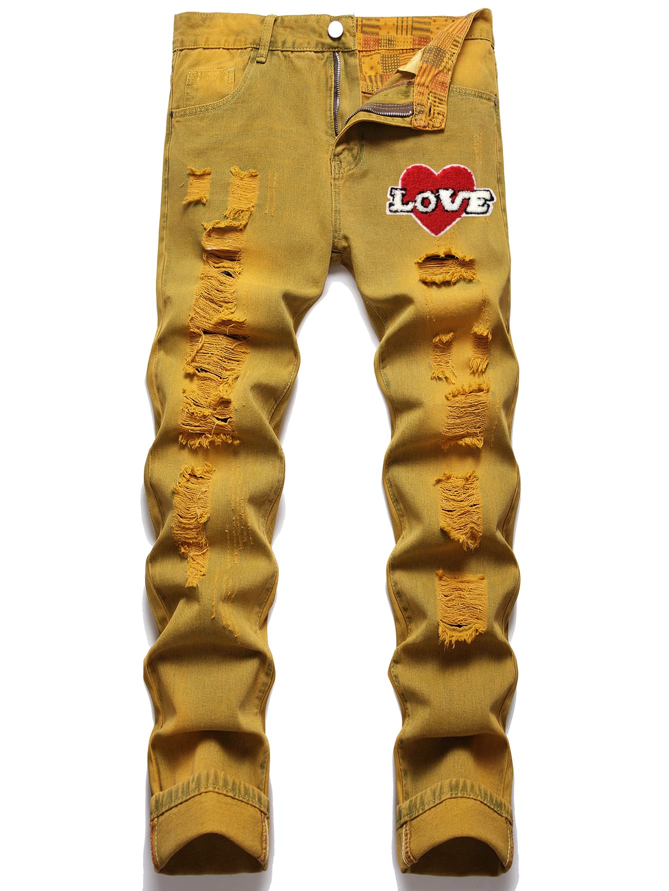 男士心形与字母拼布破洞磨边碎布缝线破洞磨边牛仔裤 - 芥末黃 - 查看 1