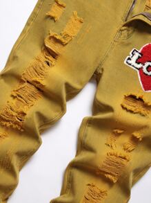 男士心形与字母拼布破洞磨边碎布缝线破洞磨边牛仔裤 - 芥末黃 - 查看 7