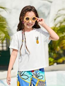 SHEIN Girls Pineapple Print Tee - White - View 4