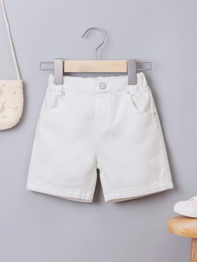 SHEIN شورت جينز يومي بسيط للأولاد، أسلوب بوهيمي كاجوال، منسدل الحافة، خصر مطاطي