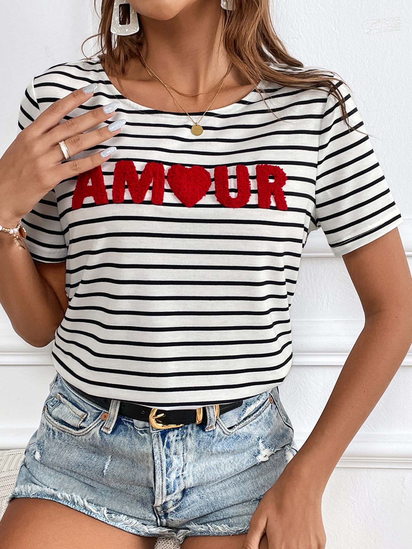 SHEIN Frenchy Striped & Letter Graphic Tee, Casual Style, Effortless Chic sw2212022287844227