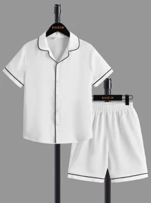 SHEIN Boys Contrast Piping PJ Set - White - View 1