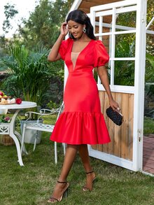 深V領泡泡袖荷葉邊洋裝 - 紅色 - 查看 7