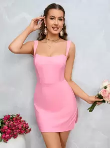 PARTHEA 側邊開叉大腿腰封緊身吊帶連衣裙 - 粉色 - 查看 1