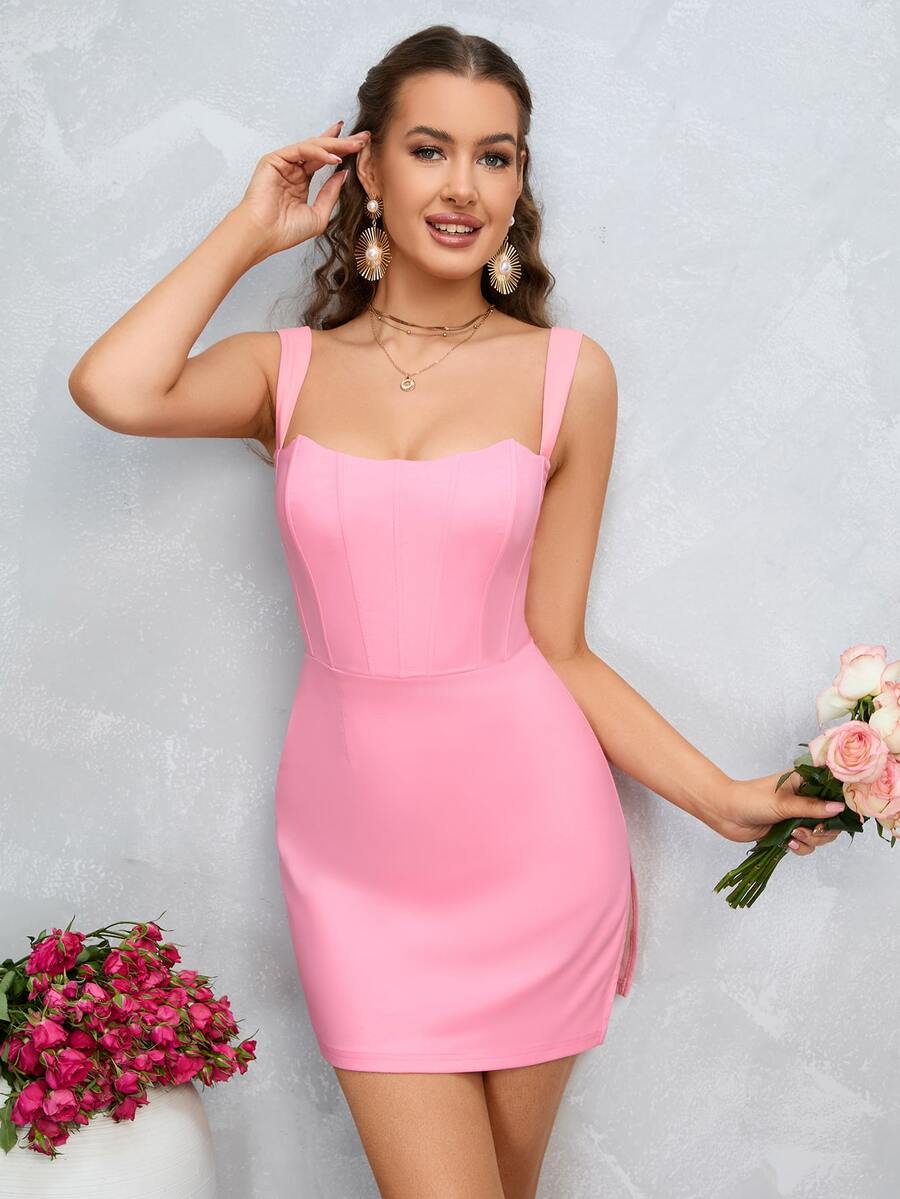 PARTHEA 側邊開叉大腿腰封緊身吊帶連衣裙 - 粉色 - 查看 1