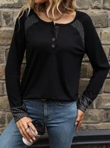 SHEIN LUNE Quarter Button Raglan Sleeve Tee Graphic Tees Women Tops - Black - View 5