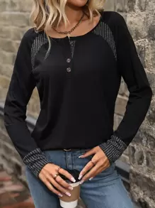 SHEIN LUNE Quarter Button Raglan Sleeve Tee Graphic Tees Women Tops - Black - View 6