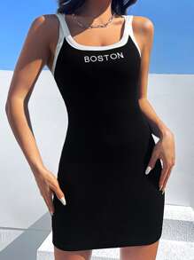 SHEIN EZwear Kontrast Bindad Brev Enkel Klänning - Svart - Visa 3