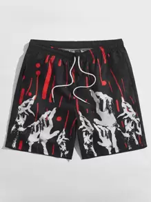 ROMWE MEN Goth Quần Short Nam Dây kéo Túi Thắt nơ trước Con số Đường phố - màu đen - Xem 1