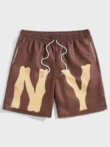 ROMWE MEN Prep Men Letter Graphic Drawstring Waist Shorts, School - Brown - View 1