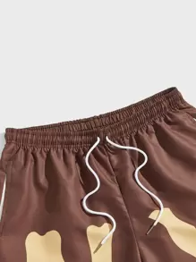 ROMWE MEN Prep Men Letter Graphic Drawstring Waist Shorts, School - Brown - View 3