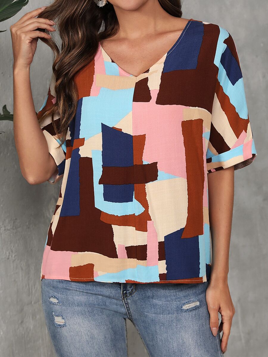 SHEIN LUNE 幾何印花V領襯衫 - 彩色 - 查看 1