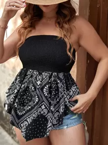 SHEIN Holidaya 大碼佩斯利印花不對稱下擺抹胸上衣 - 黑與白 - 查看 1