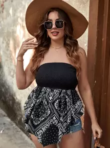 SHEIN Holidaya 大碼佩斯利印花不對稱下擺抹胸上衣 - 黑與白 - 查看 3