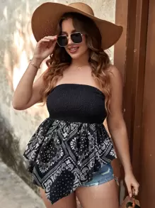SHEIN Holidaya 大碼佩斯利印花不對稱下擺抹胸上衣 - 黑與白 - 查看 4