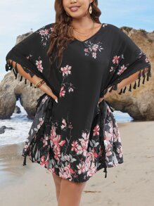 SHEIN LUNE Plus Floral Print Fringe Trim Batwing Sleeve Dress - Multicolor - View 5