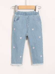 Baby Heart Embroidery Raw Hem Jeans - Light Wash - View 1