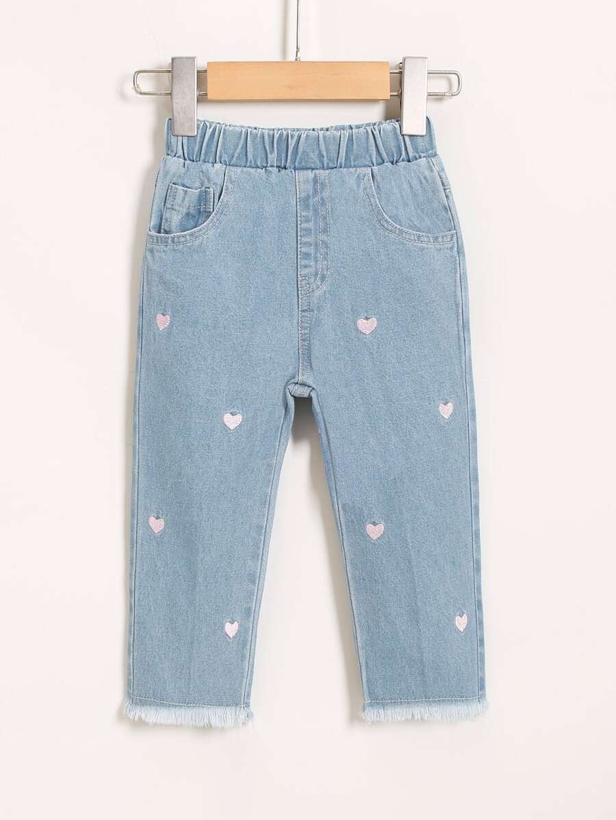 Baby Heart Embroidery Raw Hem Jeans - Light Wash - View 1