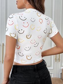 SHEIN EZwear 卡通圖案小高領短款T恤 - 白色 - 查看 2