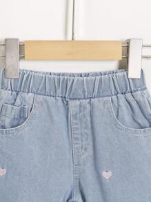 Baby Heart Embroidery Raw Hem Jeans - Light Wash - View 5