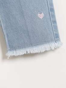 Baby Heart Embroidery Raw Hem Jeans - Light Wash - View 6
