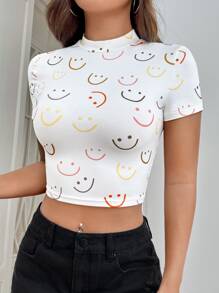 SHEIN EZwear 卡通圖案小高領短款T恤 - 白色 - 查看 5