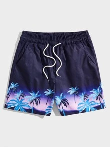 ROMWE MEN Street Life Quần Short Nam Dây kéo Túi Thắt nơ trước Ombre Nhiệt đới Boho - Màu xanh hải quân - Xem 1