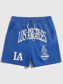 ROMWE MEN Prep Men Letter Graphic Drawstring Waist Shorts, School - Blue - View 1