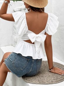 Breezaya Tie Backless Ruffle Trim Peplum Blouse - White - View 3