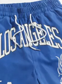 ROMWE MEN Prep Men Letter Graphic Drawstring Waist Shorts, School - Blue - View 3