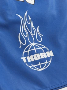 ROMWE MEN Prep Men Letter Graphic Drawstring Waist Shorts, School - Blue - View 4