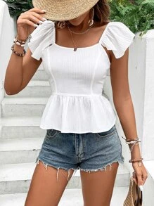 Breezaya Tie Backless Ruffle Trim Peplum Blouse - White - View 2