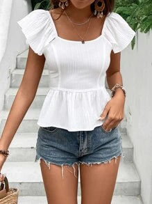 Breezaya Tie Backless Ruffle Trim Peplum Blouse - White - View 6