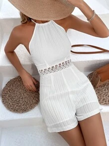 Breezaya Áo liền quần nữ Lộ Lưng Tương phản ren Buộc lại màu trơn Gợi cảm - trắng - Xem 5