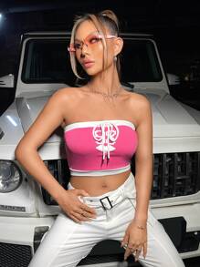 SHEIN ICON Letter & Heart Print Contrast Trim Tube Top