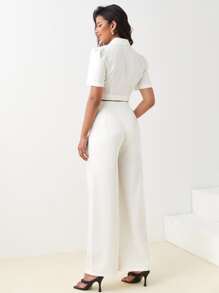 BizChic Lapel Neck Wrap Button Side Blouse & Wide Leg Pants Workwear - White - View 2