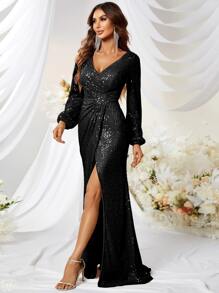 YISIKADO Surplice Neck Wrap Hem Sequin Prom Dress Black Elegant Long Sleeve Formal Evening Wedding Guest Gown, For Graduation, Dinner Party Dress - 黑色 - 查看 1