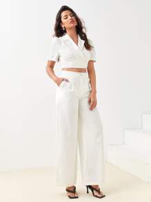 BizChic Lapel Neck Wrap Button Side Blouse & Wide Leg Pants Workwear - White - View 4
