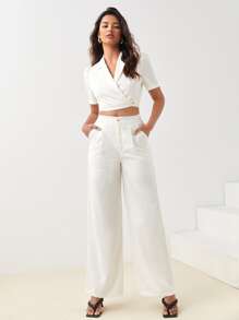 BizChic Lapel Neck Wrap Button Side Blouse & Wide Leg Pants Workwear - White - View 5