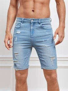 GENTILAND Hombres Shorts en mezclilla desgarro crudo con bolsillo oblicuo - Lavado ligero - Ver 7