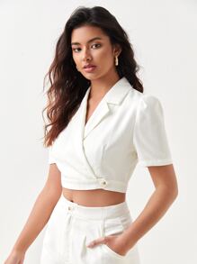 BizChic Lapel Neck Wrap Button Side Blouse & Wide Leg Pants Workwear - White - View 6