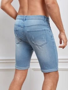 GENTILAND Hombres Shorts en mezclilla desgarro crudo con bolsillo oblicuo - Lavado ligero - Ver 8