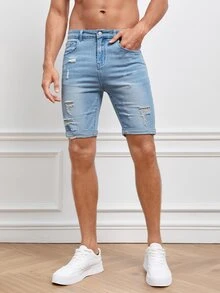 GENTILAND Hombres Shorts en mezclilla desgarro crudo con bolsillo oblicuo - Lavado ligero - Ver 3