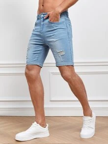 GENTILAND Hombres Shorts en mezclilla desgarro crudo con bolsillo oblicuo - Lavado ligero - Ver 4