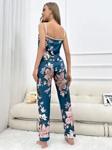 Floral Print Satin Cami Top & Trousers PJ Set - Multicolor - View 2