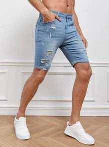 GENTILAND Hombres Shorts en mezclilla desgarro crudo con bolsillo oblicuo - Lavado ligero - Ver 5