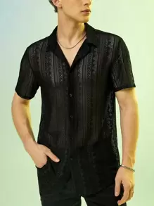 FeverCity Áo sơ mi Nam Nút phía trước cắt màu trơn Đường phố - màu đen - Xem 1