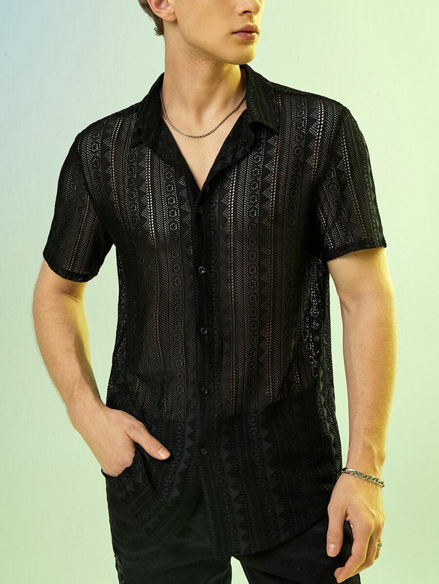 FeverCity Áo sơ mi Nam Nút phía trước cắt màu trơn Đường phố - màu đen - Xem 1