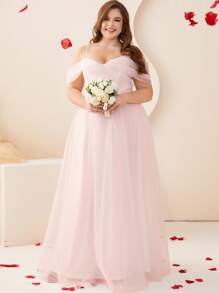 Plus Cold Shoulder Mesh Wedding Dress