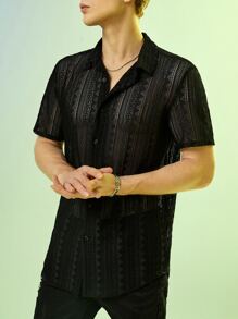 FeverCity Áo sơ mi Nam Nút phía trước cắt màu trơn Đường phố - màu đen - Xem 3